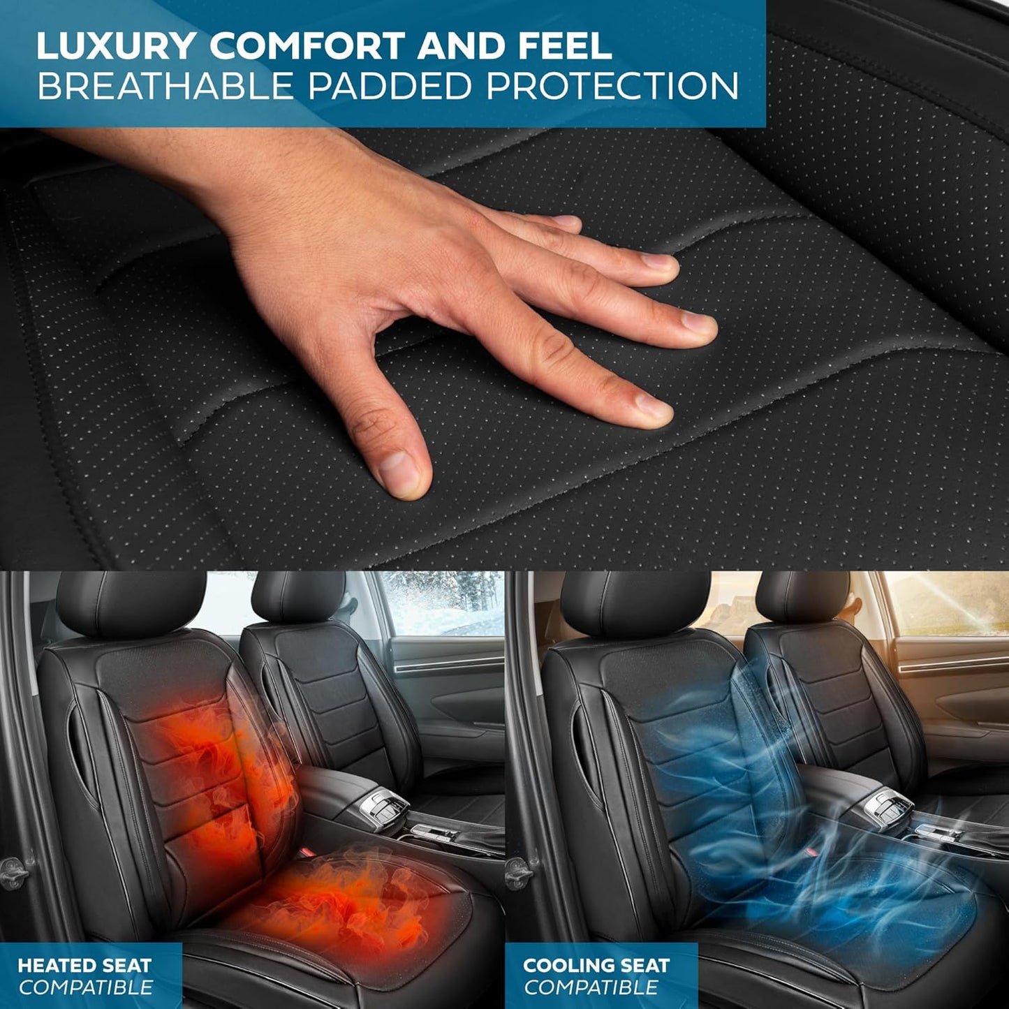 Elite Edition Faux Leather Seat Covers for Cars, Trucks, & SUV - 2 Black Car Seat Covers for Front Seats - Universal Fit Car Accessories Automotive Interior Cover Protector for Most Vehicles