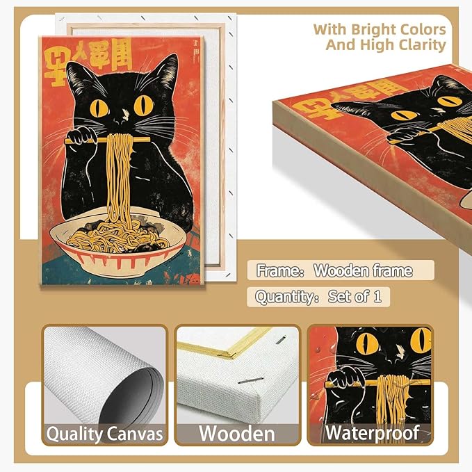 Vintage Cute Black Cat Eats Lamian Noodles Poster Prints Lamian Noodles Canvas Wall Art Cute Black Cat For Home Bedroom Kitchen Dorm Wall Decor 16x24in Wooden Frame