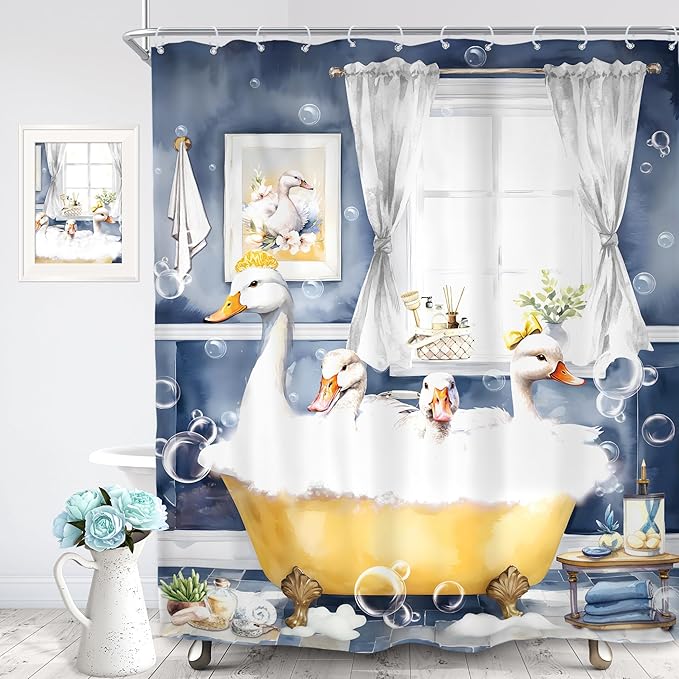 SVBright Funny Kids Shower Curtain 60Wx72L Inch Cute Duck Farmhouse Animal in Bathtub Blue Cartoon Lovely Modern Hilarious 12 Pack Hooks Polyester Waterproof Fabric Bathroom Bathtub Panels