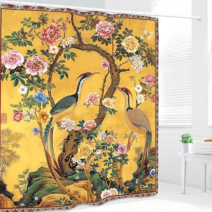 Vintage Flower Shower Curtain 60Wx72L Inch Crane Peony Vintage Retro Chinese Plant Botanical Yellow Bathroom Set Accessories Decor with 12 Pack Hooks