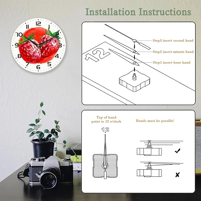 Wall Clocks,Red Strawberry 10 Inch Wall Clock,Summer Small Battery Operated Wall Clocks Decorative for Kitchen/Living Room/Bedroom/Bathroom/Dining Room