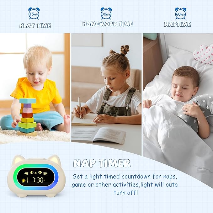 winshine Alarm Clock for Kids, Ok to Wake Clock, Toddler Sleep Training Clock with Eye Protection, 10 Night Lights, Dual Alarms, Child Lock, Snooze, Timer - Cute Cat Clock for Girls and Boys, Blue