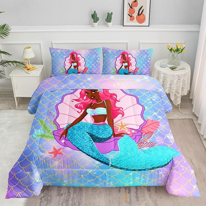 Bedding Comforter Set Black Girl Magic Mermaid Printed Pattern Quilt with 1 and 2 Pillowcases for Girls Bedroom All Season(Black Blue Queen) Queen 90x90inches