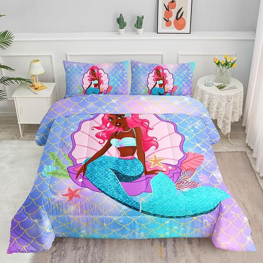 Bedding Comforter Set Black Girl Magic Mermaid Printed Pattern Quilt with 1 and 2 Pillowcases for Girls Bedroom All Season(Black Blue Queen) Queen 90x90inches