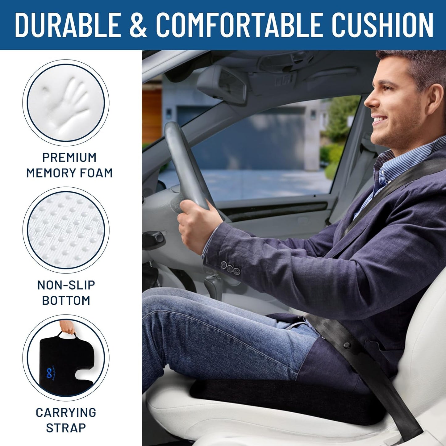 Everlasting Comfort Memory Foam Car Seat Cushion - Tailbone Pain Relief, Driving Seat Cushion for Short People - Office, Wheelchair, Gaming Chair, Travel - Non-Slip, Washable Cover