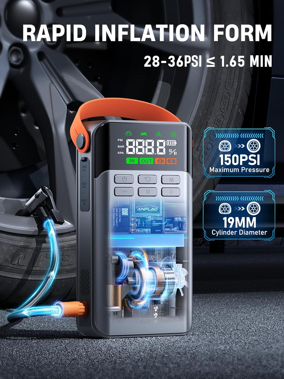 8-in-1 Car Jump Starter with Air Compressor,5500A Portable Jump Starter Pack with 150PSI Tire Inflator, 12V Safe Lithium Jump Box with LCD Display,Flashlight(Up All Gas/12.0L Diesel)