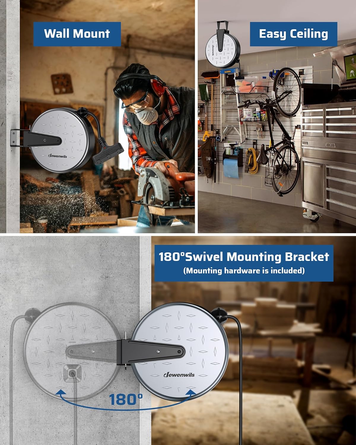 DEWENWILS Metal Extension Cord Reel,30FT Retractable Extension Cord, 16AWG/3C SJTW Power Cord, 3 Electrical Outlets, 10A Circuit Breaker, Wall or Ceiling Mountable for Workshop, Garage, UL Listed