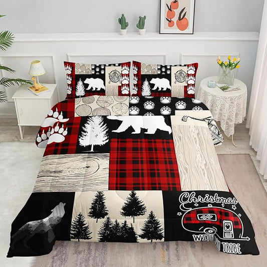 Wild Camp Kids Comforter Bedding Set for Boys Girls,Tree Bear Print and Wooden Pattern Collage Comforter with 2 Pillowcases(Wild Camp Full)