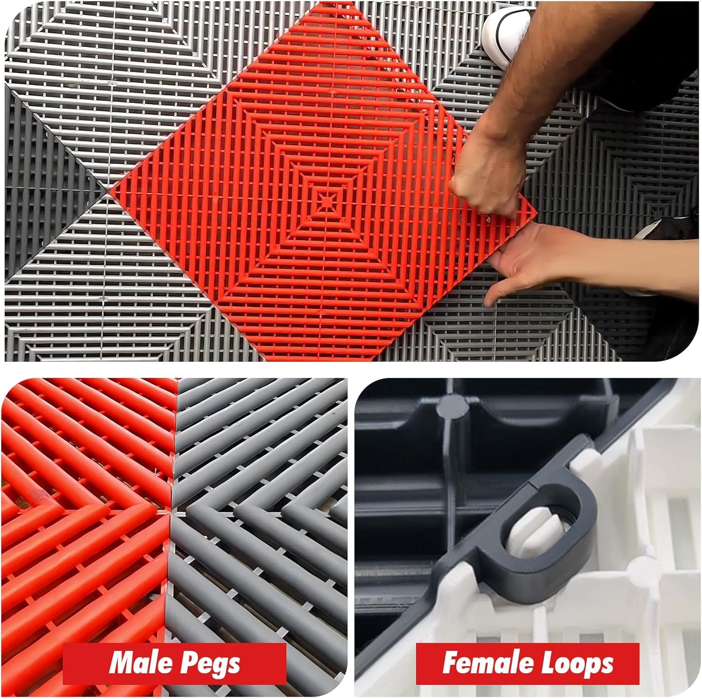 15.7"x15.7" Garage Flooring Tiles, Non-Slip Interlocking Plastic Garage Floor Mat, Garage Organization & Garage Storage, Vented Pattern (red, 25pcs)