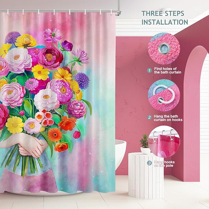 Vimorco Shower Curtain Pink Flower, Blue Bouquet Shower Curtains for Bathroom, Waterproof Quick-Dry Polyester Fabric Shower Curtain, Bathroom Curtains Set, Bath Curtain Decor, 72''x 72'', Floral