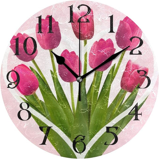 Tulip Wall Clock Modern Silent Non-Ticking Kitchen Clock Pink Rose Flower Decorative Round Clocks 9.5 in Battery Operated Quartz Analog Desk Clock Living Room Bathroom Garden Home Decor