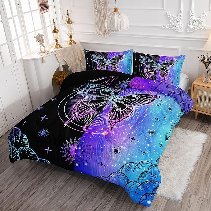 Black Blue Butterfly Comforter Set for Girls Women,Boho Butterfly Sun and Moon Mandala Printed Bedding Set with 2 Pillowcases(Black Blue Full)