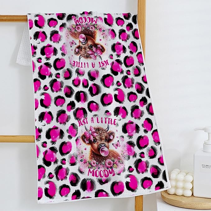 Western Cow Kitchen Towels Gifts for Cow Lovers Women, Trendy Hot Pink Leopard Hand Towels, Cows Gifts Hot Pink Kitchen Dish Towels, Western Cows Bathroom Decor, 16x24 Inches