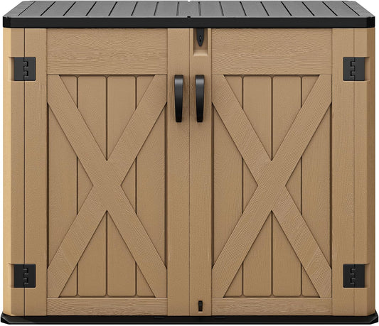 DWVO Outdoor Storage Shed, Weatherproof Resin, 35 Cu Ft Capacity, Horizontal Design, X-Shaped Lockable Door, Suitable for Bike, Garden Tools, Trash Cans, Brown