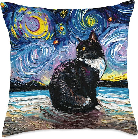 Tuxedo Cat on Beach Starry Night Impressionist Art by Aja Throw Pillow