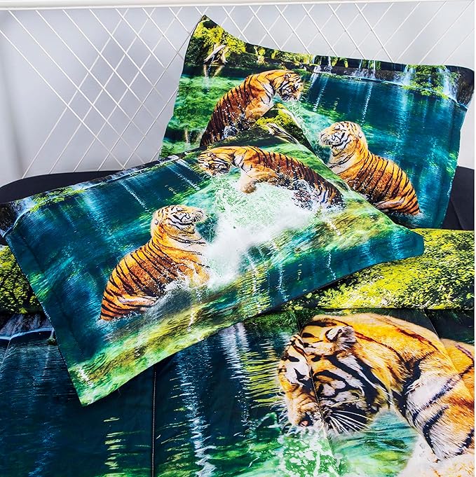 Tiger Print Comforter Sets Blanket Twin Size, 3D Animal Bedding Set for Kids Boys Girls Teens Room All-Season Reversible Quilted Duvet