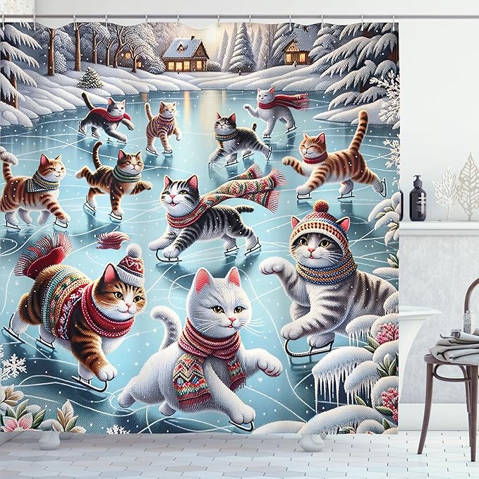 Ambesonne Cat Shower Curtain, Cozy Winter Woodland Scene with Cottages and Ice Skating Kitties Snow Fun, Cloth Fabric Bathroom Decor Set with Hooks, 69" W x 84" L, Soft Blue Burnt Orange