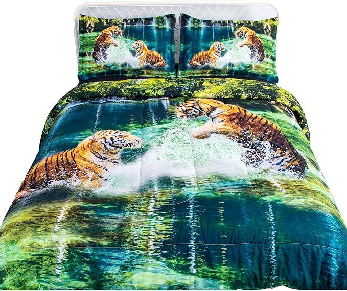 Tiger Print Comforter Sets Blanket Twin Size, 3D Animal Bedding Set for Kids Boys Girls Teens Room All-Season Reversible Quilted Duvet
