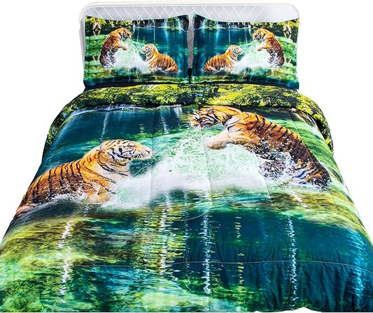 Tiger Print Comforter Set Queen Size, 3D Animal Bedding Set for Kids Boys Girls Teens Room with 1 Comforter and 2 Pillowcases All Season