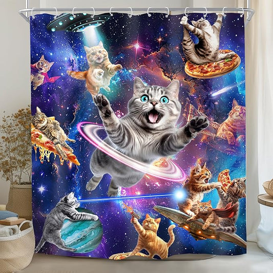 SVBright Funny Cat Shower Curtain 60Wx72L Inch Kids Space Galaxy Cute Fun Cool Pet Animal Hilarious Nebula Starry Fantasy Universe Boys 12 Pack Hooks Polyester Waterproof Fabric Bathroom Bathtub Panel
