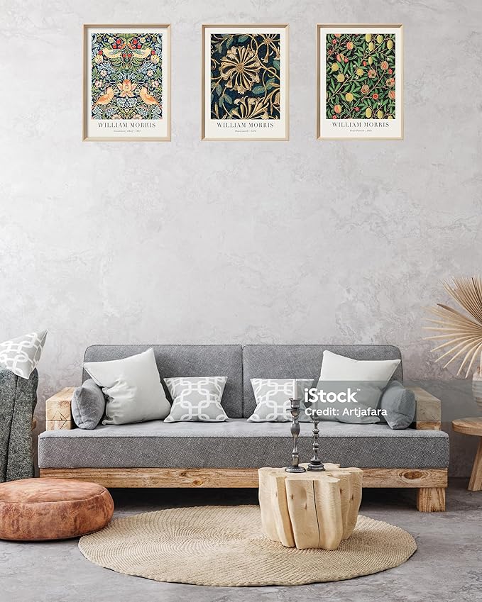 UPWOIGH Framed Vintage Wall Art, 16x12in William Morris Wood Canvas Wall Decor, Gold Strawberry Thief Wall Art, Birds Botanical Cotton Prints Poster for Living Room Bedroom,Bathroom