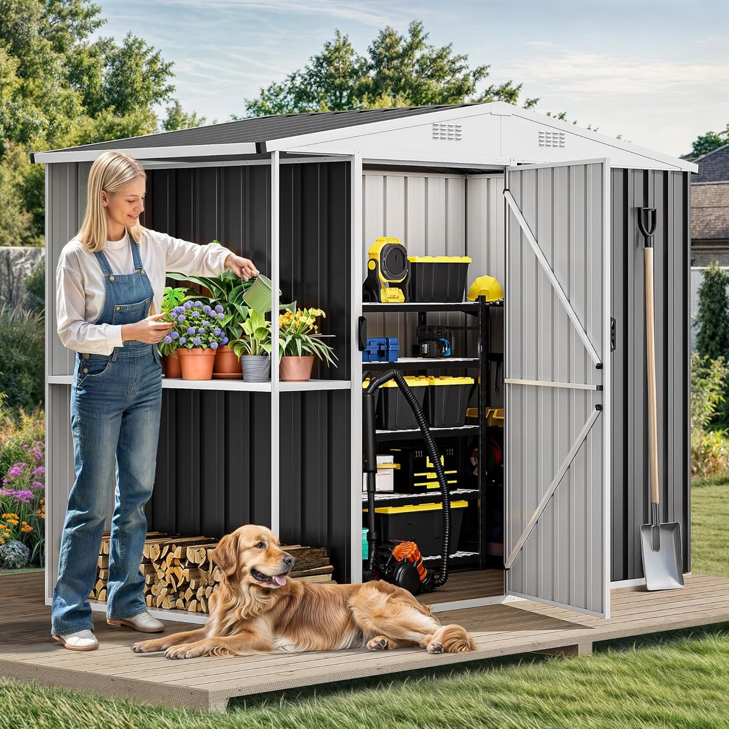 DWVO Outdoor Storage Shed 8x4FT with Rack, Metal Garden Shed with Storage Shelves, Bike Storage Tool Cabinet Box for Lawn Backyard Patio Use, Dark Gray
