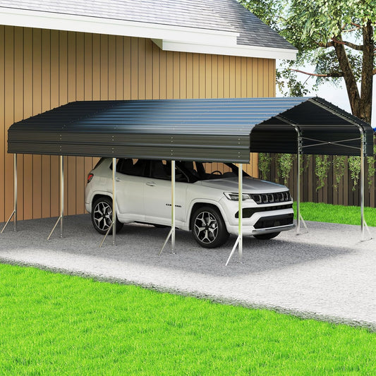12x20ft Heavy Duty Metal Carport – Outdoor Galvanized Garage, Sturdy Structure, All-Weather Protection, Easy Assembly for Cars, Trucks, Boats, Tractors, and Outdoor Storage (Grey, 12x20FT)