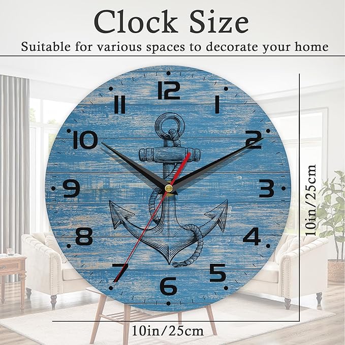 Wall Clock, 10 Inch Silent Non-Ticking Home Kitchen Decor, Battery Operated for Bathroom Bedroom Living Room Office(Vintage Blue Nautical Anchor)