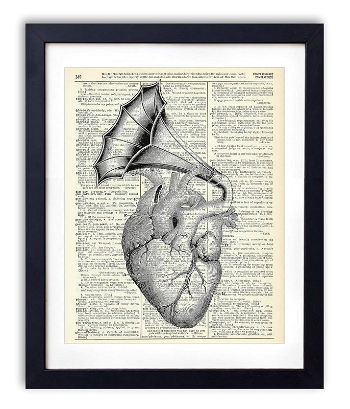 Vintage Anatomy Illustration Art, Dictionary Print, Antique Wall Art Home Decor, Modern Boho, Medical Posters, Farmhouse Decoration 8x10 Inches, Ready To Frame (Heart with Horn)