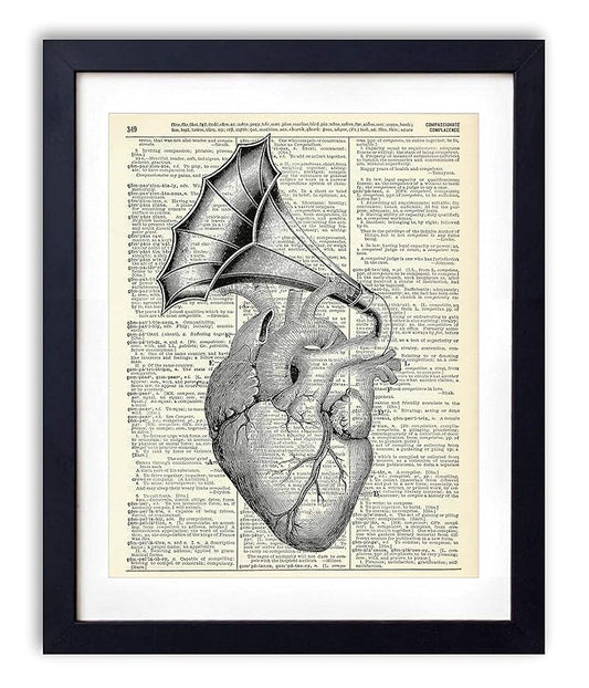 Vintage Anatomy Illustration Art, Dictionary Print, Antique Wall Art Home Decor, Modern Boho, Medical Posters, Farmhouse Decoration 8x10 Inches, Ready To Frame (Heart with Horn)