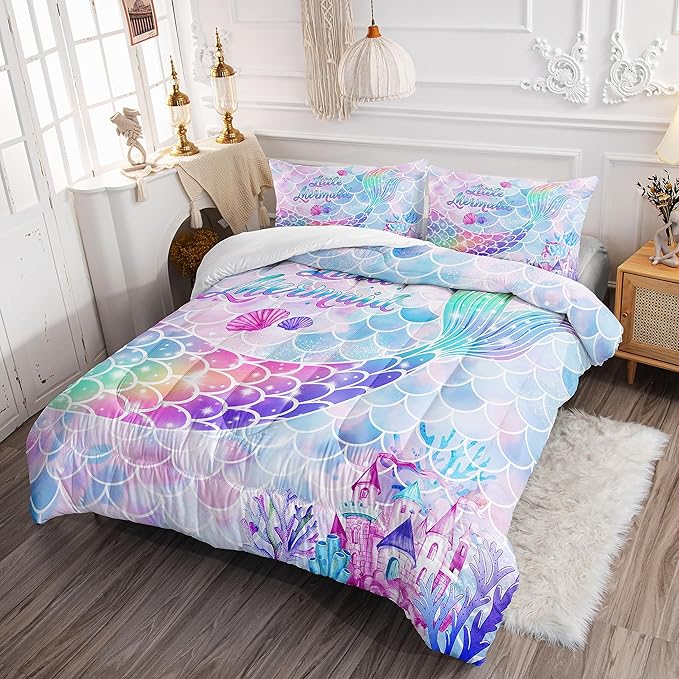 Bedding Comforter Set Rainbow Purple Mermaid Tail Printed Comforter Set with 1 Comforter and 2 Pillowcases for Girls Bedroom All Season(Rainbow Purple Twin)