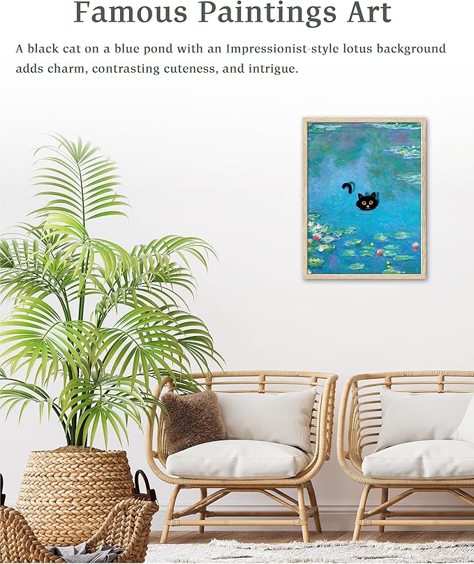 UPWOIGH Beige Oak Wood Blue Framed Wall Art, 12"x16" Monet Prints Vintage Canvas Wall Art, Funny Cat in Water Lilies Posters for Room Bedroom Living Room Bathroom Wall Decor Aesthetic,1Pack Gifts