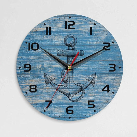 Wall Clock, 10 Inch Silent Non-Ticking Home Kitchen Decor, Battery Operated for Bathroom Bedroom Living Room Office(Vintage Blue Nautical Anchor)