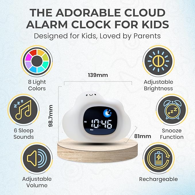 Bumble & Bright Okay to Wake Clock for Kids - Adorable Cloud Design, Portable Nightlight, Soothing Sleep Aid, Kids Alarm Clock OK to Wake, 8 Color Options, Easy Display, Ideal for Parents