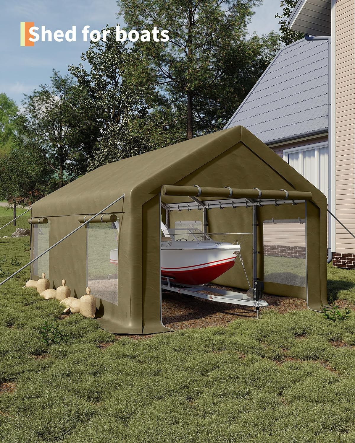 12x20 Ft Carport, Car Port with 200g PE Tarp, Roll-Up Doors, and 4 Windows, for Full-Size Pickups, Bass Boats, Tractors, and SUVs, Khaki