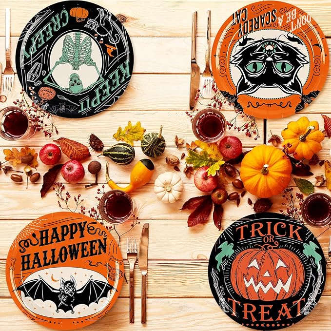 Whaline Halloween Paper Plates Vintage Orange Black Disposable Dinner Plates Black Cat Pumpkin Bat Skeleton 9 Inch Dinnerware Plate for Party Supplies Table Decor, 40Pcs
