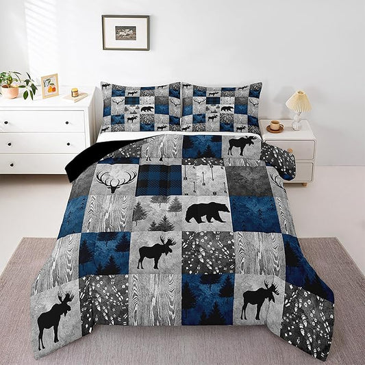 Bear Bedding Set Full for Teens Boys,Farmhouse Moose Elk Deer Comforter Set Cabin Lodge Decor,Hunting Animal Duvet Insert,Blue Grey Buffalo Plaid Check Patchwork Down Comforter with 2 Pillowcases