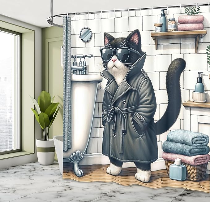 Ambesonne Cat Shower Curtain, Mysterious Detective Kitty Character in Bathroom with Sunglasses Classic Coat, Cloth Fabric Bathroom Decor Set with Hooks, 69" W x 70" L, Charcoal Grey White