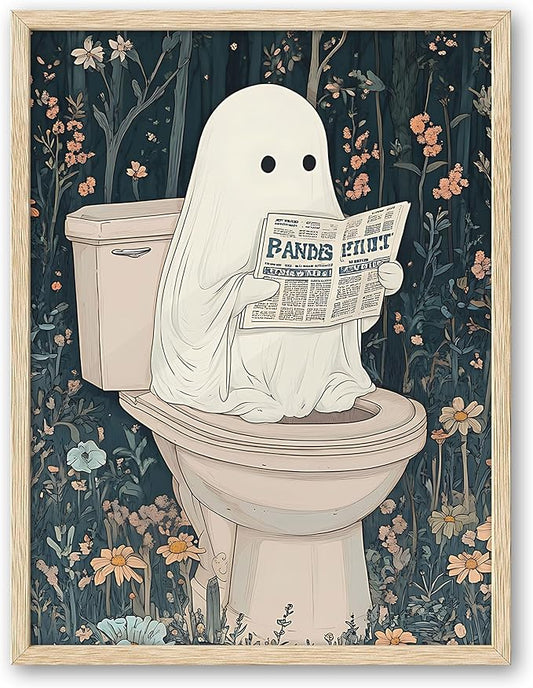 UPWOIGH Beige OAK Framed Ghost Wall Decor- Halloween Wall Art Prints, Halloween Posters Decor, 12" x 16" Cute Ghost Decor, Aesthetic Pictures Wall Decor for Bathroom Bedroom,1 Pack