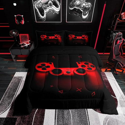 Boys Gamer Comforter Set Twin Size,Gamepad Bedding Set Kids Young Man Video Games Down Comforter for Teen Child Game Room Decor Black Red Classic Retro Gaming Quilted Duvet Set with Pillowcase