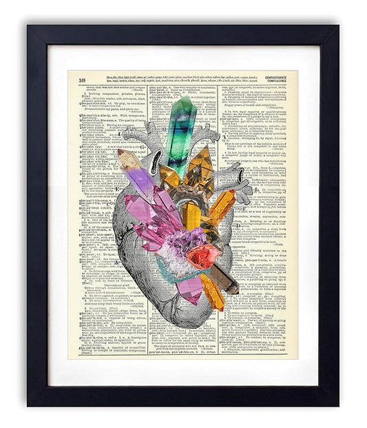 Vintage Anatomy Illustration Art, Dictionary Print, Antique Wall Art Home Decor, Modern Boho, Medical Posters, Farmhouse Decoration 8x10 Inches, Ready To Frame (Heart with Crystals #2)