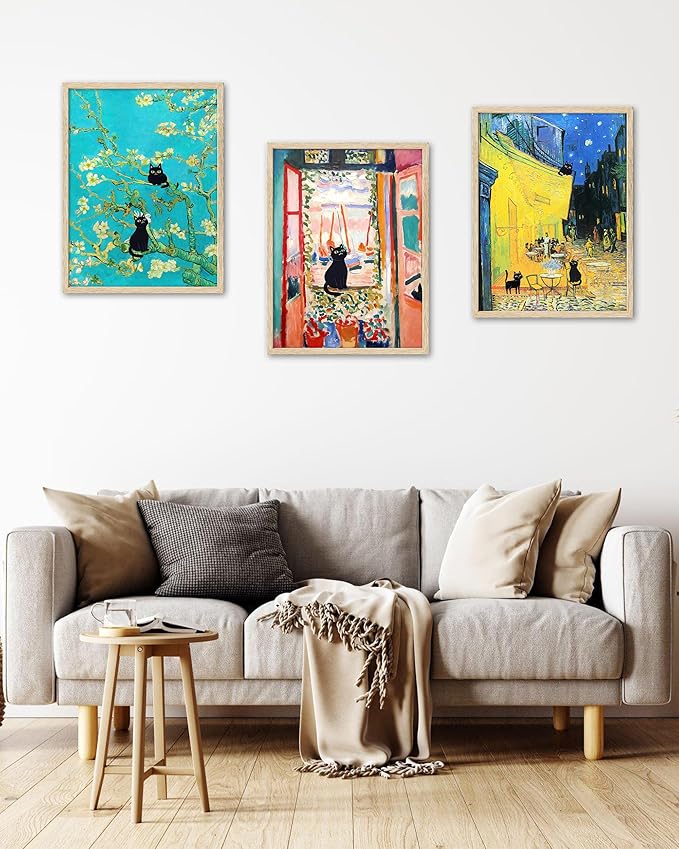 UPWOIGH Beige Oak Wood Yellow Framed Wall Art,3 Black Cats at Vincent Van Gogh's Cafe Terrace at Night,12"x16"Impressionist Painting,French Cityscape Print,Funny animals Art for Bedroom Bathroom,Gifts