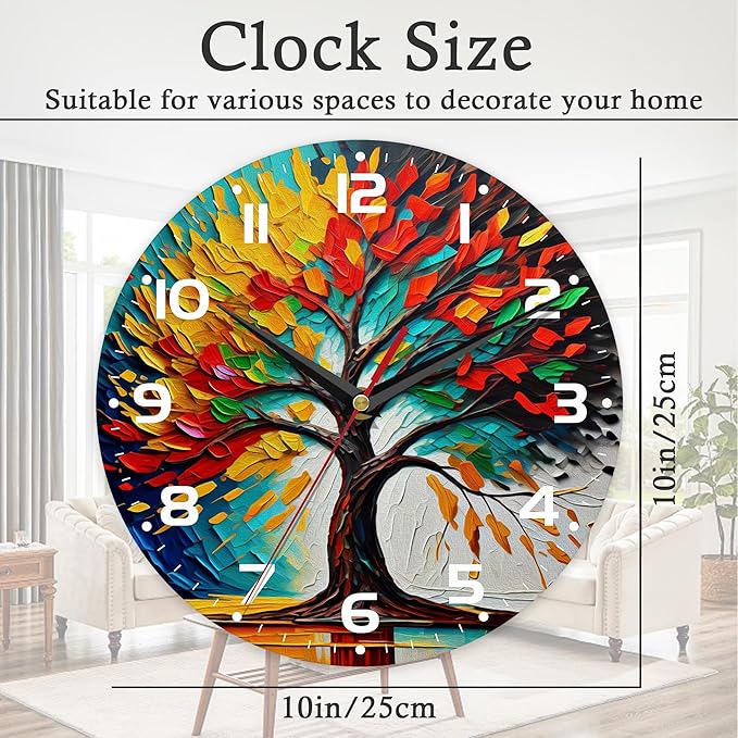 Wall Clock, 10 Inch Silent Non-Ticking Home Kitchen Decor, Battery Operated for Bathroom Bedroom Living Room Office(Tree of Life)