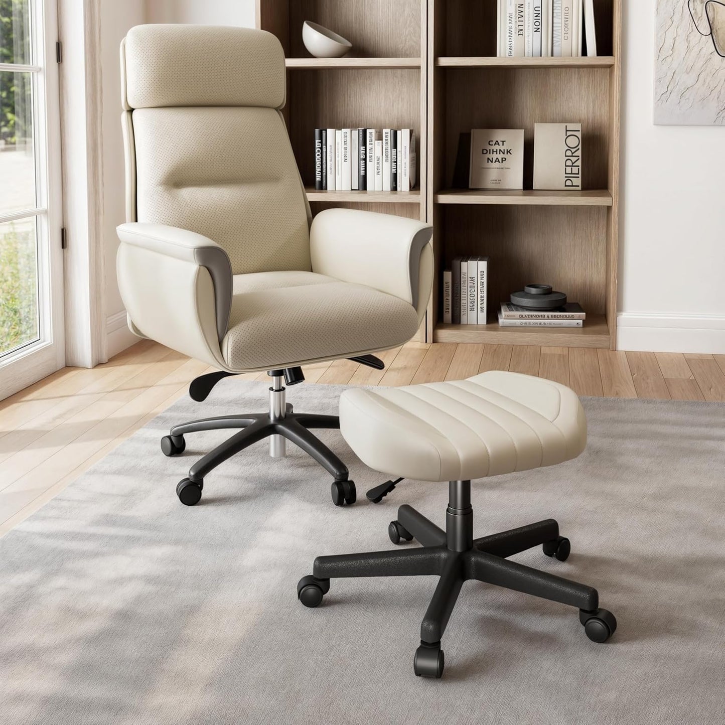 EUREKA ERGONOMIC Multi-Use Foot Stool, Height Adjustable Footrest Stool with Wheels, 360°Swivel Leg Rest Rolling Chair, Rest Ottoman Under Desk for Home Office,Beige