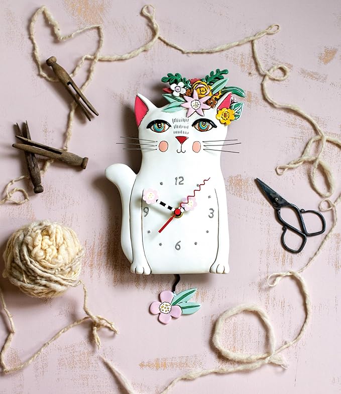 Allen Designs P1993 Swinging Pendulum Clock Pretty Kitty Cat Design 7.25 inches X 14.25 inches