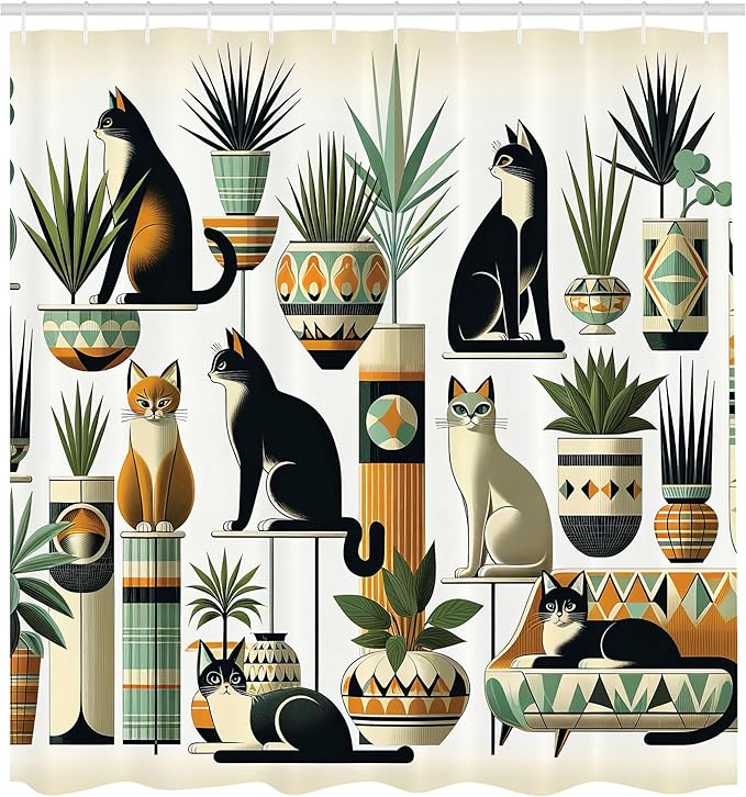 Ambesonne Cat Shower Curtain, Boho Ethnic Style Design with Kitties Sitting and Laying Poses Botanical, Cloth Fabric Bathroom Decor Set with Hooks, 69" W x 75" L, Black Ginger Mint Green