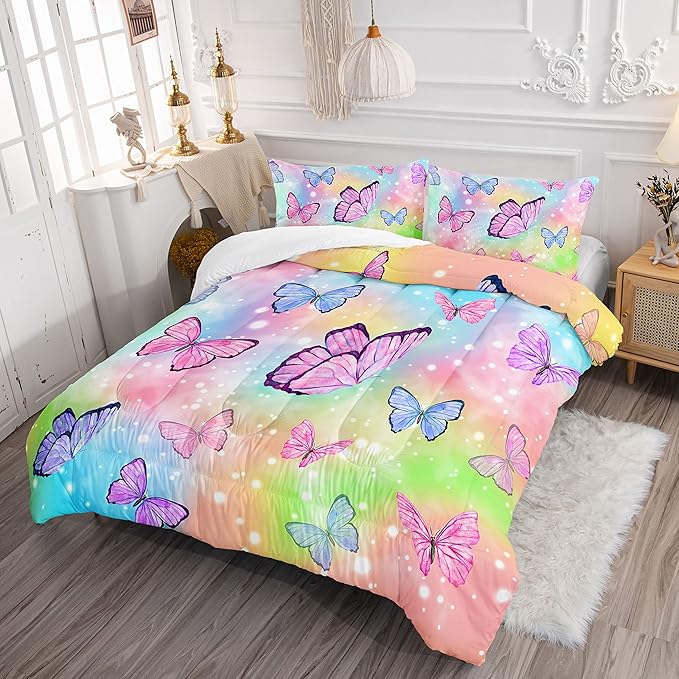 Bedding Comforter Set Rainbow Watercolor Printed Pattern Quilt Bedding Set with 1 Comforter and 2 Pillowcases for Girls Bedroom All Season(Butterfly Watercolor Twin)