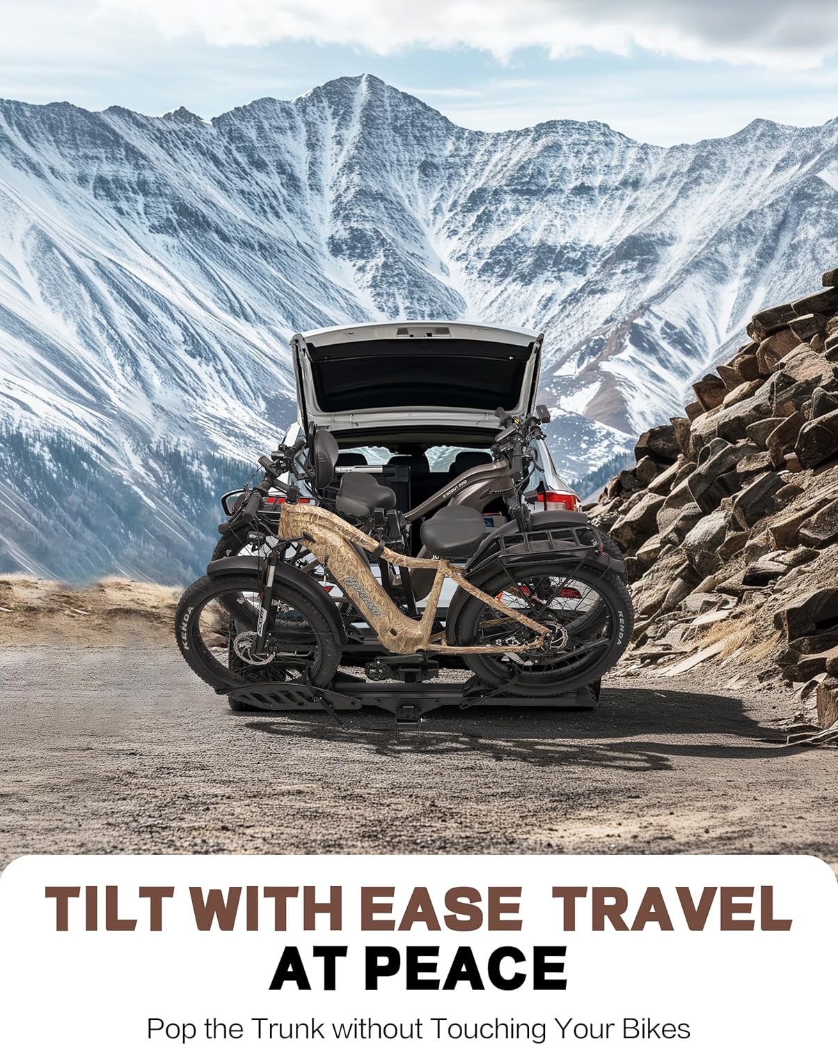 E-Bike Rack with Ramp, Hitch 2 Bike Rack, 200 lbs Capacity Electric Bike Carrier, Foldable Platform Mount for Cars, Trucks, SUVs, Minivans, Up to 5-Inch Fat Tire for 2'' Receiver