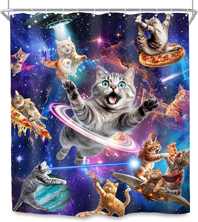 SVBright Funny Cat Shower Curtain 60Wx72L Inch Kids Space Galaxy Cute Fun Cool Pet Animal Hilarious Nebula Starry Fantasy Universe Boys 12 Pack Hooks Polyester Waterproof Fabric Bathroom Bathtub Panel