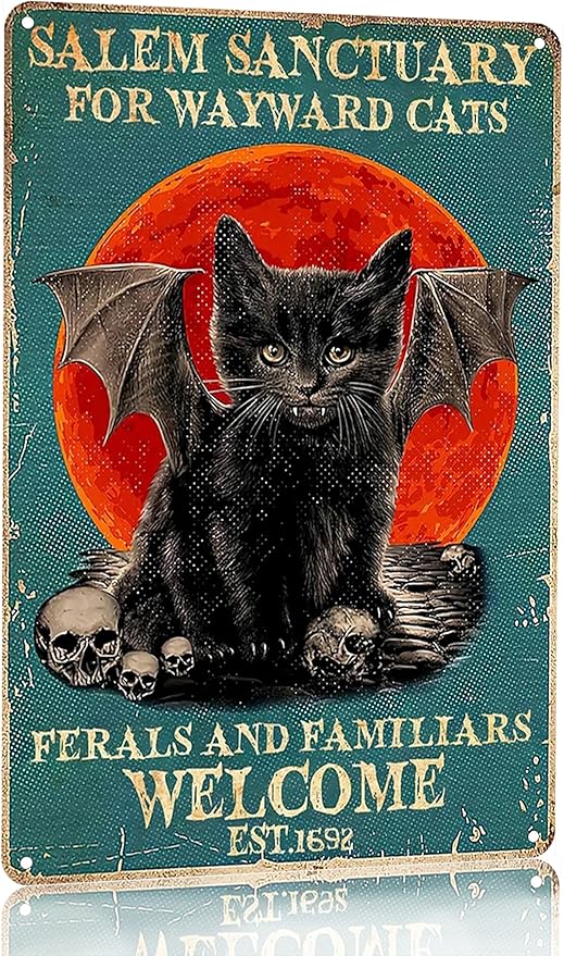 Vintage Black Cat Sign Salem Sanctuary For Wayward Cats Tin Sign for Home Bedroom Living Room Wall Art Decoration 8x12 inch (3034)